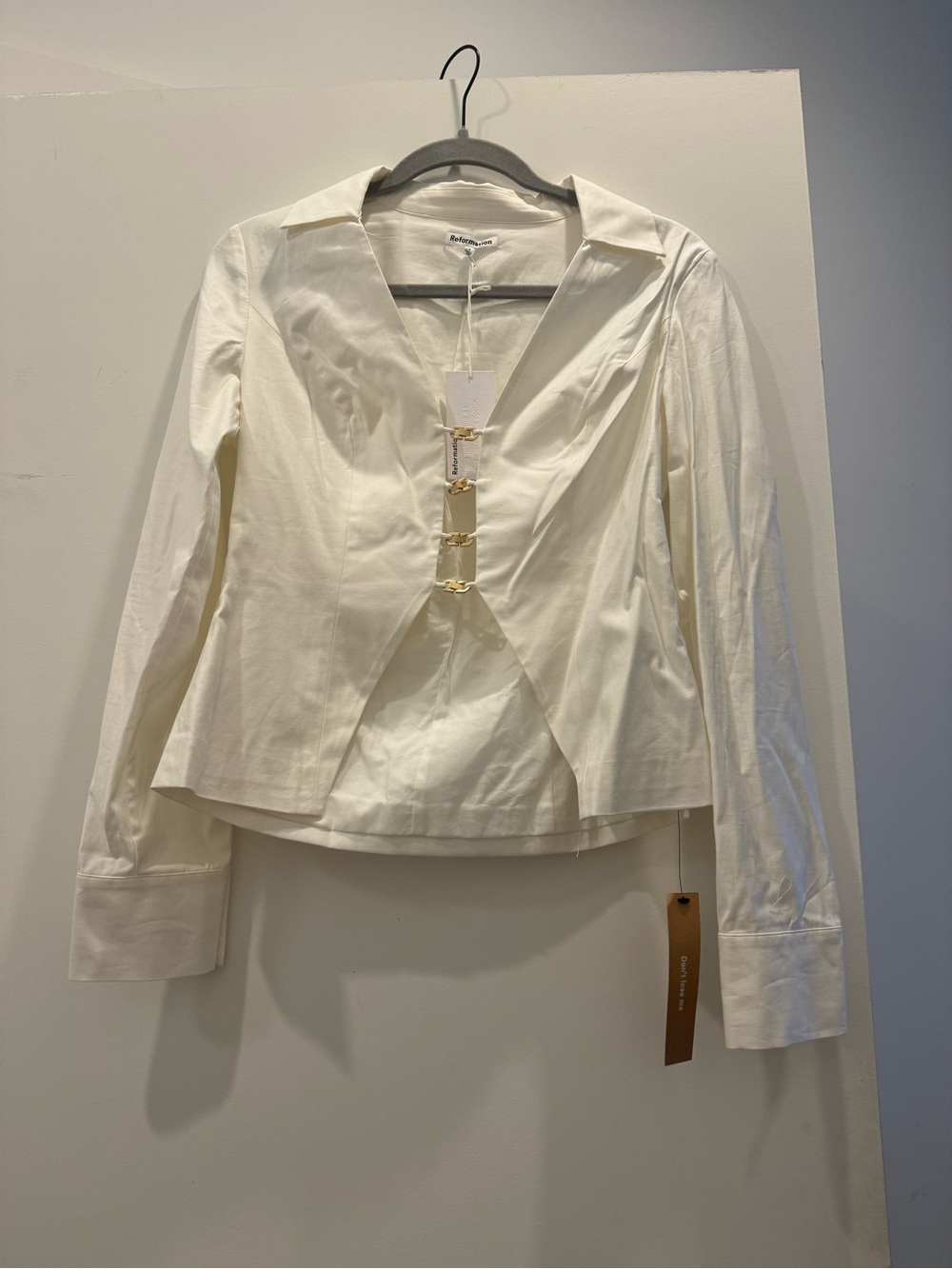 Reformation Cream Long-Sleeve Hook Front Blouse